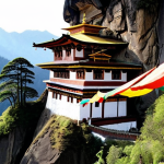 **Bhutan: Serene GNH Essence**
    A breathtaking, serene landscape of the Bhutanese Himalayas, featuring the iconic Paro Taktsang (Tiger's Nest Monastery) clinging to a cliffside amidst lush green valleys and mist-shrouded peaks. In the foreground, a peaceful Bhutanese person in traditional gho or kira, with vibrant, colorful prayer flags gently fluttering in the soft mountain breeze. The atmosphere should evoke profound tranquility, spiritual peace, and the unique essence of Gross National Happiness (GNH). Highly detailed, ethereal lighting, wide shot, masterpiece, 8K.