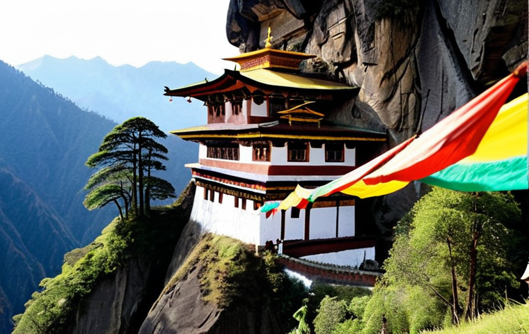 **Bhutan: Serene GNH Essence**
A breathtaking, serene landscape of the Bhutanese Himalayas, featuring the iconic Paro Taktsang (Tiger's Nest Monastery) clinging to a cliffside amidst lush green valleys and mist-shrouded peaks. In the foreground, a peaceful Bhutanese person in traditional gho or kira, with vibrant, colorful prayer flags gently fluttering in the soft mountain breeze. The atmosphere should evoke profound tranquility, spiritual peace, and the unique essence of Gross National Happiness (GNH). Highly detailed, ethereal lighting, wide shot, masterpiece, 8K.