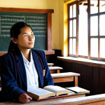 A professional female teacher, dressed in modest and appropriate traditional Bhutanese Kira, stands at the front of a bright classroom in Bhutan, engaging with a group of diverse young students. The students, fully clothed in their clean and modest school uniforms, are seated at wooden desks, attentively looking at a blackboard showcasing Dzongkha script. The classroom subtly blends traditional Bhutanese architectural elements with modern educational tools. Sunlight filters through a window, highlighting the calm and focused atmosphere of learning. This image captures the dedication to preserving the Dzongkha language and imparting cultural heritage to the next generation in a family-friendly setting. Safe for work, appropriate content, fully clothed, professional dress, perfect anatomy, correct proportions, natural pose, well-formed hands, proper finger count, natural body proportions, high-quality professional photography, detailed, realistic.
