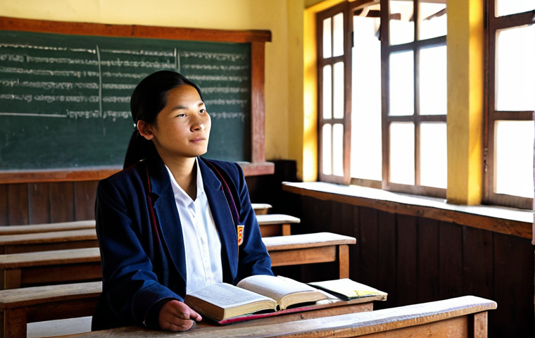 A professional female teacher, dressed in modest and appropriate traditional Bhutanese Kira, stands at the front of a bright classroom in Bhutan, engaging with a group of diverse young students. The students, fully clothed in their clean and modest school uniforms, are seated at wooden desks, attentively looking at a blackboard showcasing Dzongkha script. The classroom subtly blends traditional Bhutanese architectural elements with modern educational tools. Sunlight filters through a window, highlighting the calm and focused atmosphere of learning. This image captures the dedication to preserving the Dzongkha language and imparting cultural heritage to the next generation in a family-friendly setting. Safe for work, appropriate content, fully clothed, professional dress, perfect anatomy, correct proportions, natural pose, well-formed hands, proper finger count, natural body proportions, high-quality professional photography, detailed, realistic.
